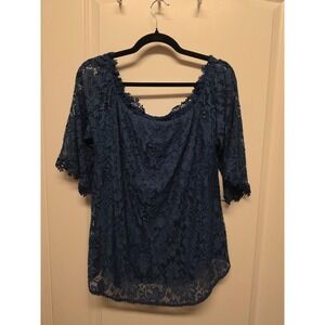 MIHOLL Navy Blue Floral Lace Off the Shoulder Top Bell Sleeve L LTW0920